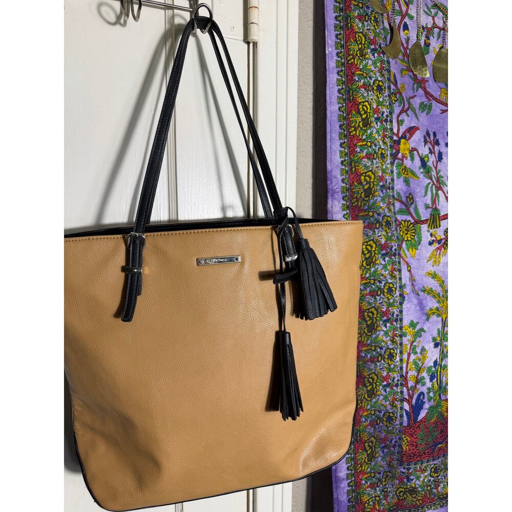 Nine West Large Tan Black Faux Leather Tote Bag Shoulder Purse Work Laptop - Picture 7 of 7